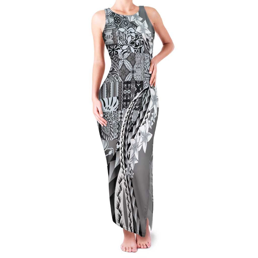 Aloha Vintage Plumeria Hawaiian Tapa Pattern Family Matching Tank Maxi Dress and Hawaiian Shirt Gray Hawaiian Tapa Pattern LT9 Mom's Dress Gray - Polynesian Pride
