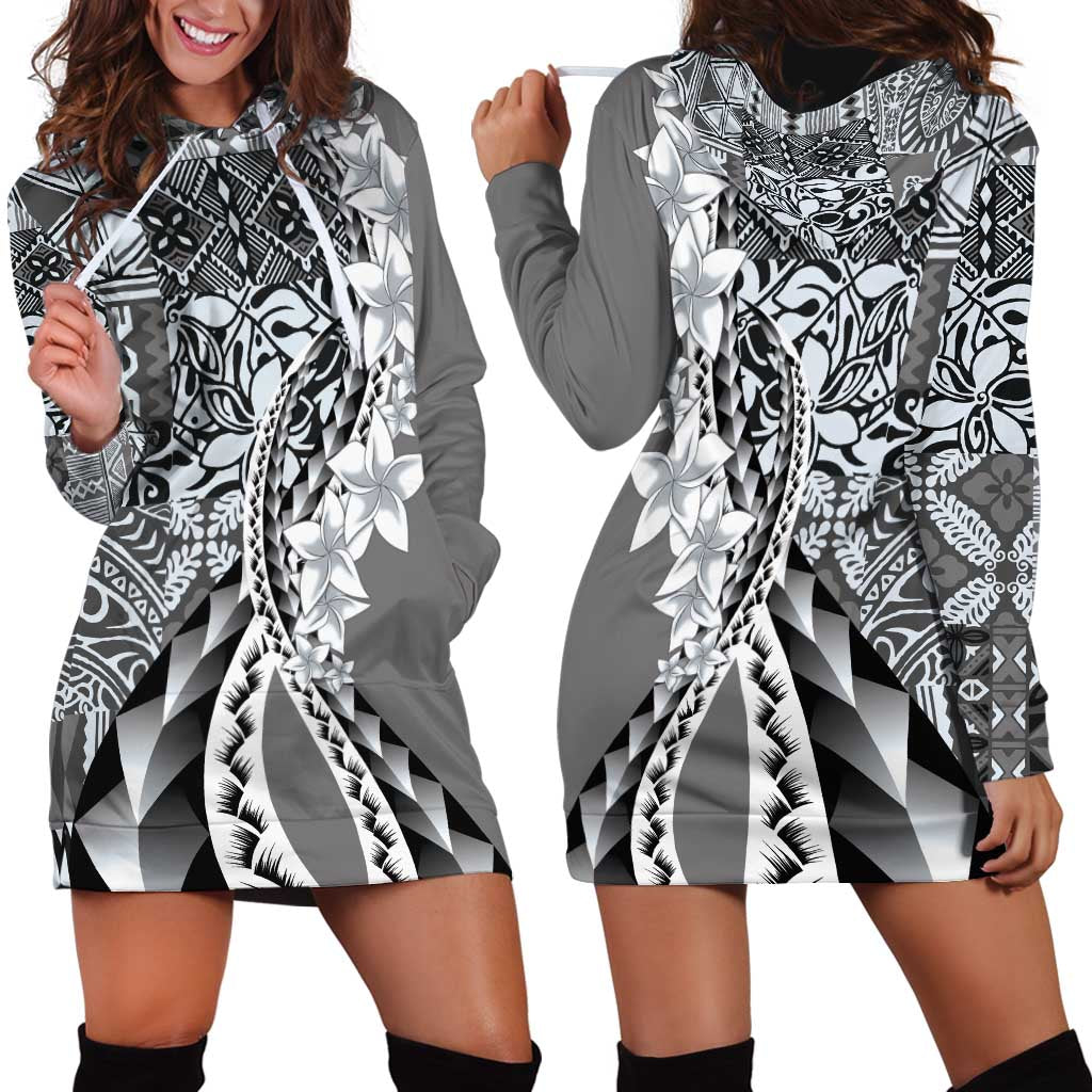 Aloha Vintage Plumeria Hawaiian Tapa Pattern Hoodie Dress Gray Hawaiian Tapa Pattern - Polynesian Pride