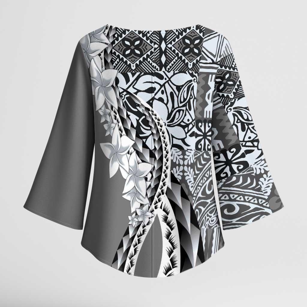 Aloha Vintage Plumeria Hawaiian Tapa Pattern Kimono Sleeve Blouse Gray Hawaiian Tapa Pattern - Polynesian Pride