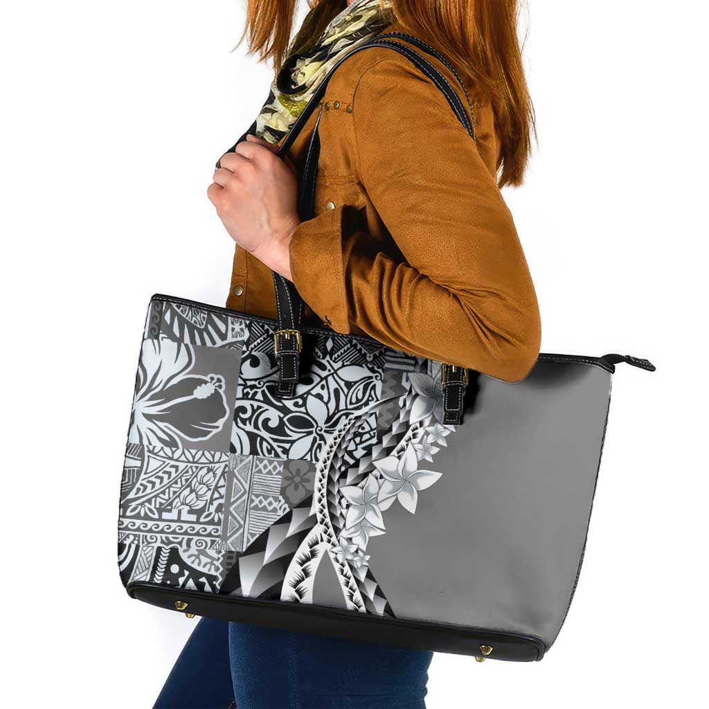 Aloha Vintage Plumeria Hawaiian Tapa Pattern Leather Tote Bag Gray Hawaiian Tapa Pattern - Polynesian Pride