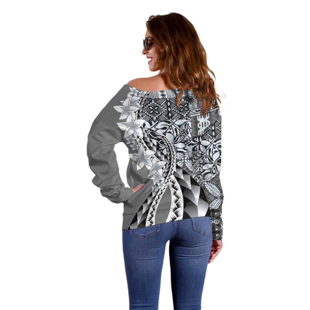 Aloha Vintage Plumeria Hawaiian Tapa Pattern Off Shoulder Sweater Gray Hawaiian Tapa Pattern - Polynesian Pride