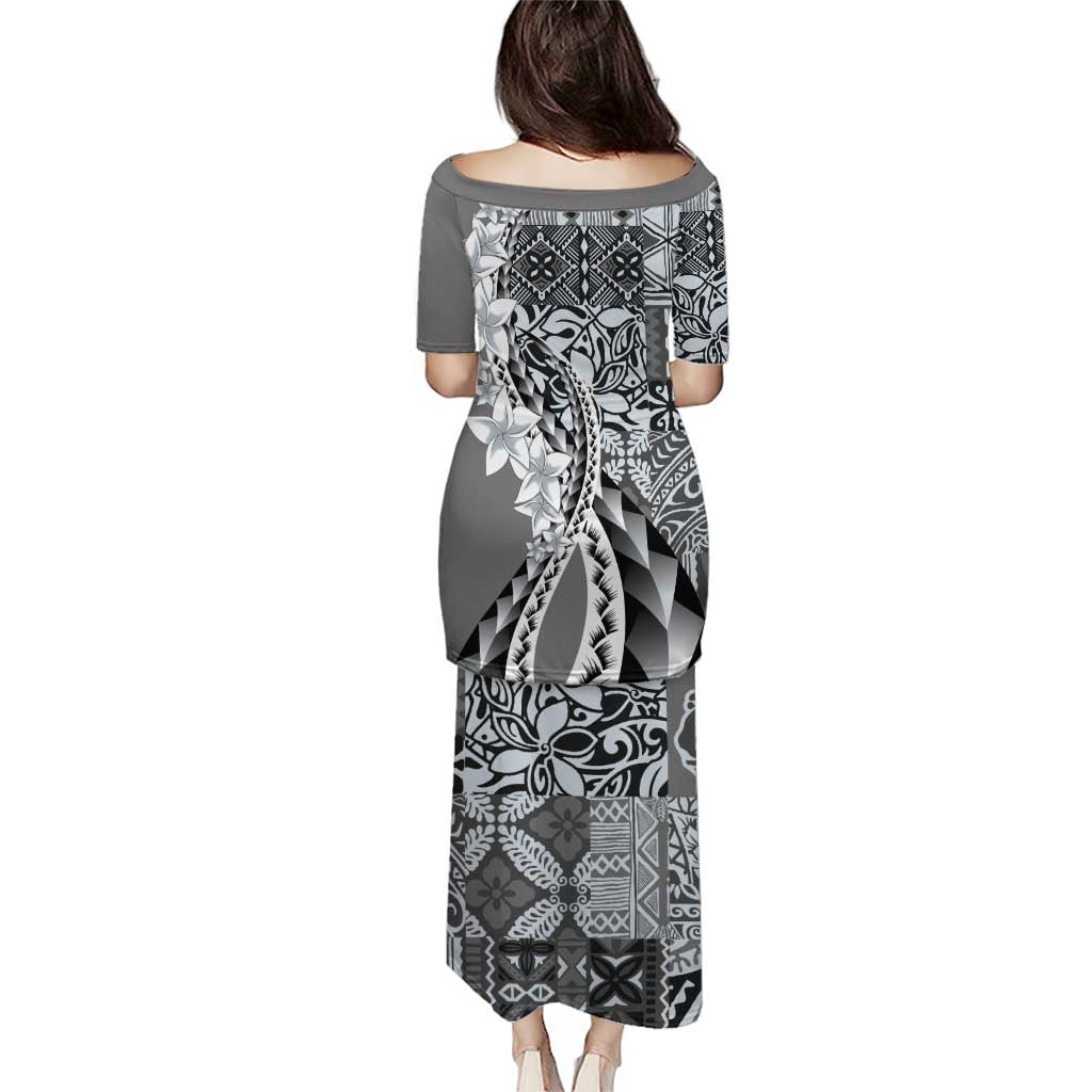 Aloha Vintage Plumeria Hawaiian Tapa Pattern Puletasi Gray Hawaiian Tapa Pattern - Polynesian Pride
