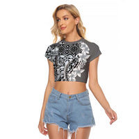 Aloha Vintage Plumeria Hawaiian Tapa Pattern Raglan Cropped T Shirt Gray Hawaiian Tapa Pattern - Polynesian Pride