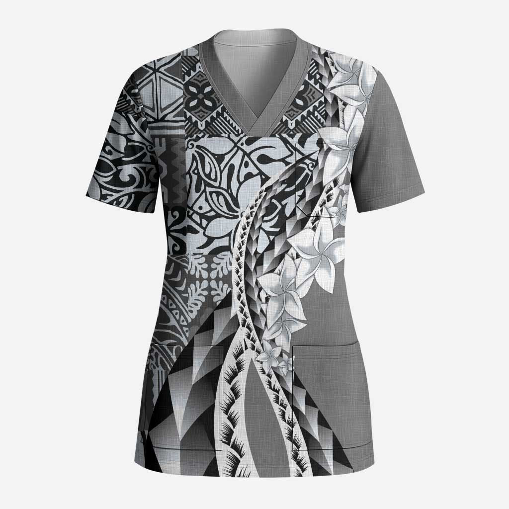 Aloha Vintage Plumeria Hawaiian Tapa Pattern Scrub Top Gray Hawaiian Tapa Pattern - Polynesian Pride