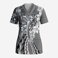 Aloha Vintage Plumeria Hawaiian Tapa Pattern Scrub Top Gray Hawaiian Tapa Pattern - Polynesian Pride