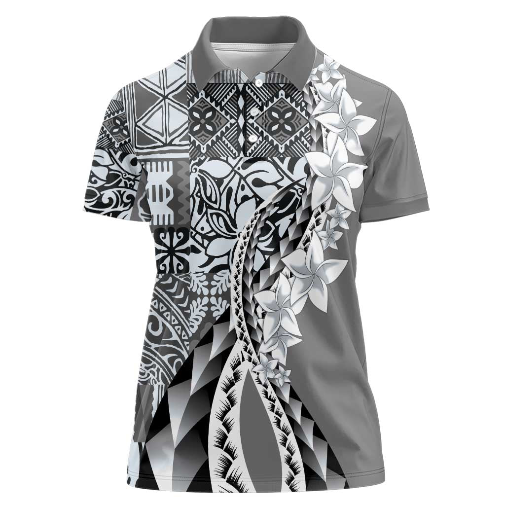 Aloha Vintage Plumeria Hawaiian Tapa Pattern Women Polo Shirt Gray Hawaiian Tapa Pattern - Polynesian Pride