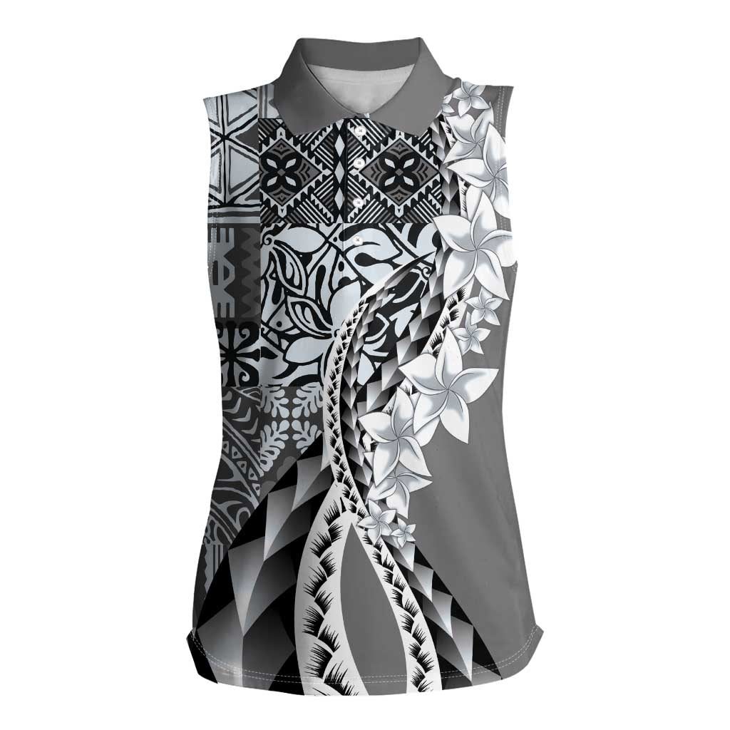 Aloha Vintage Plumeria Hawaiian Tapa Pattern Women Sleeveless Polo Shirt Gray Hawaiian Tapa Pattern LT9 Female Gray - Polynesian Pride