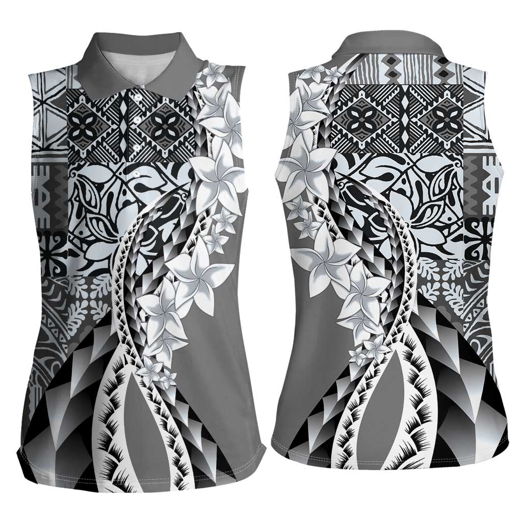 Aloha Vintage Plumeria Hawaiian Tapa Pattern Women Sleeveless Polo Shirt Gray Hawaiian Tapa Pattern LT9 - Polynesian Pride