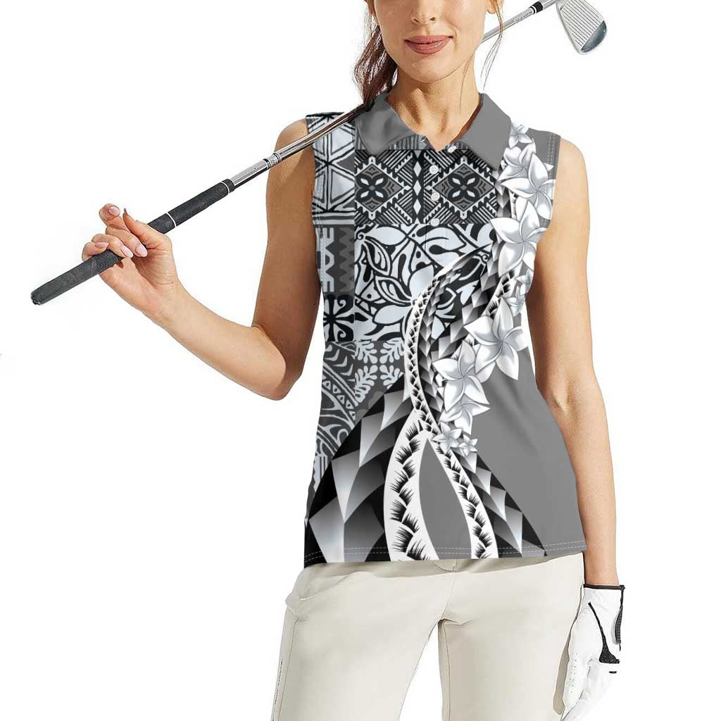 Aloha Vintage Plumeria Hawaiian Tapa Pattern Women Sleeveless Polo Shirt Gray Hawaiian Tapa Pattern LT9 - Polynesian Pride