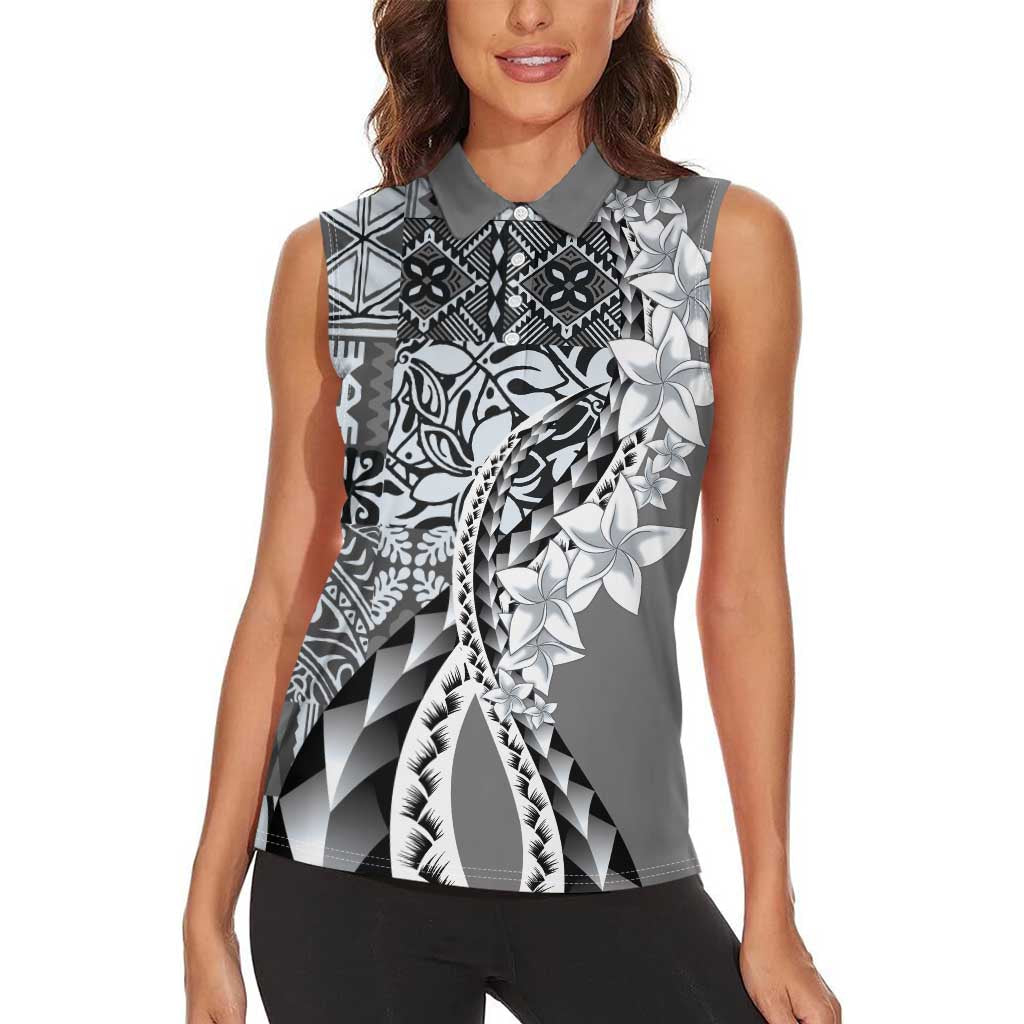 Aloha Vintage Plumeria Hawaiian Tapa Pattern Women Sleeveless Polo Shirt Gray Hawaiian Tapa Pattern LT9 - Polynesian Pride