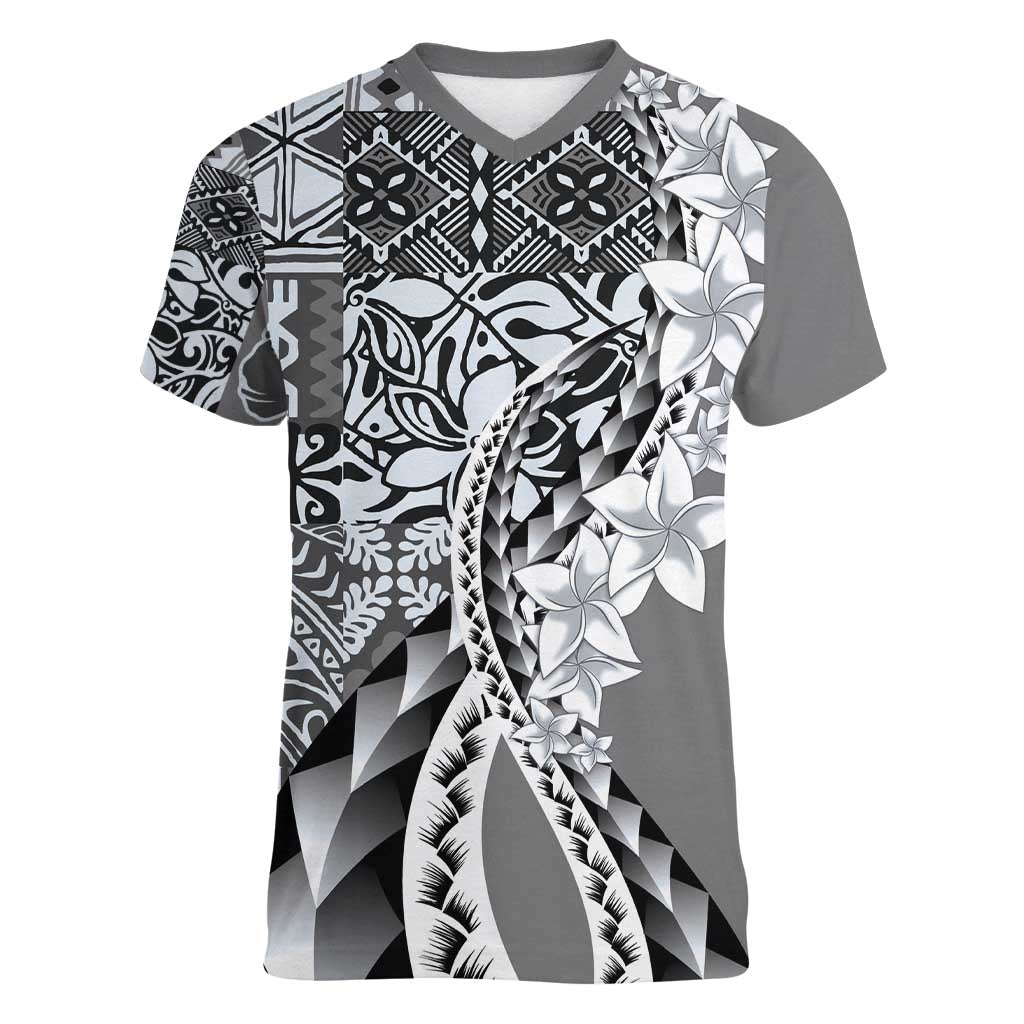 Aloha Vintage Plumeria Hawaiian Tapa Pattern Women V-Neck T-Shirt Gray Hawaiian Tapa Pattern LT9 Female Gray - Polynesian Pride