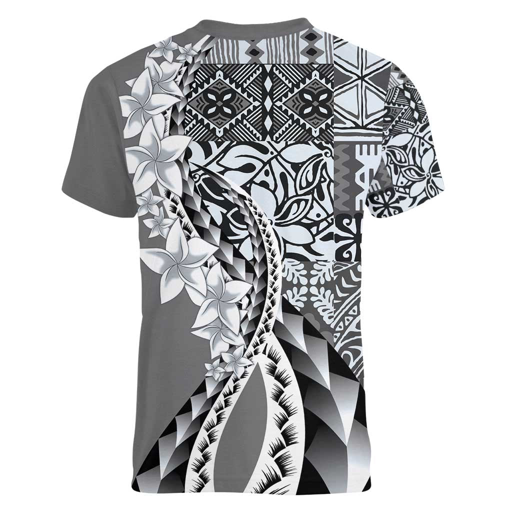 Aloha Vintage Plumeria Hawaiian Tapa Pattern Women V-Neck T-Shirt Gray Hawaiian Tapa Pattern LT9 - Polynesian Pride