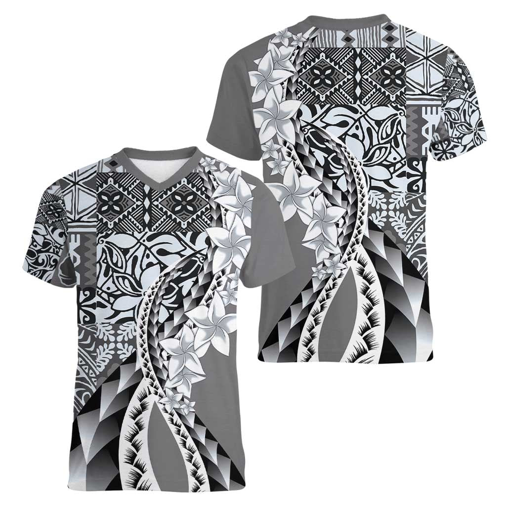Aloha Vintage Plumeria Hawaiian Tapa Pattern Women V-Neck T-Shirt Gray Hawaiian Tapa Pattern LT9 - Polynesian Pride