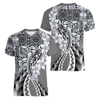 Aloha Vintage Plumeria Hawaiian Tapa Pattern Women V-Neck T-Shirt Gray Hawaiian Tapa Pattern LT9 - Polynesian Pride