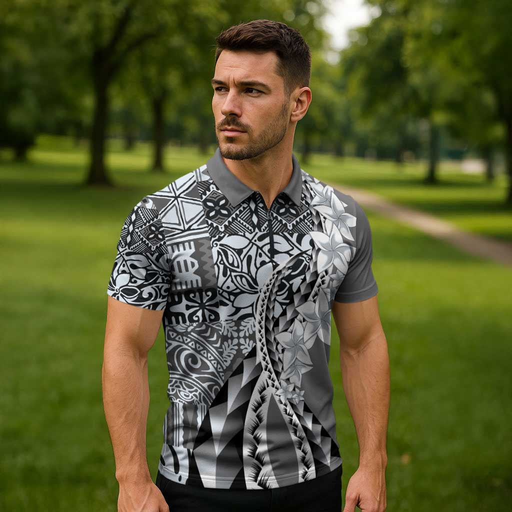Aloha Vintage Plumeria Hawaiian Tapa Pattern Zipper Polo Shirt Gray Hawaiian Tapa Pattern - Polynesian Pride