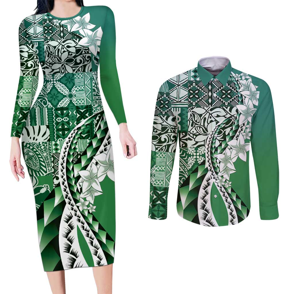 Aloha Vintage Plumeria Hawaiian Tapa Pattern Couples Matching Long Sleeve Bodycon Dress and Long Sleeve Button Shirt Green Hawaiian Tapa Pattern LT9 Green - Polynesian Pride