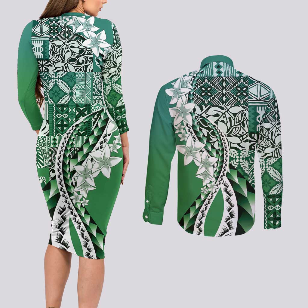 Aloha Vintage Plumeria Hawaiian Tapa Pattern Couples Matching Long Sleeve Bodycon Dress and Long Sleeve Button Shirt Green Hawaiian Tapa Pattern LT9 - Polynesian Pride