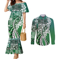 Aloha Vintage Plumeria Hawaiian Tapa Pattern Couples Matching Mermaid Dress and Long Sleeve Button Shirt Green Hawaiian Tapa Pattern LT9 Green - Polynesian Pride