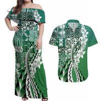 Aloha Vintage Plumeria Hawaiian Tapa Pattern Couples Matching Off Shoulder Maxi Dress and Hawaiian Shirt Green Hawaiian Tapa Pattern LT9 Green - Polynesian Pride