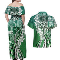 Aloha Vintage Plumeria Hawaiian Tapa Pattern Couples Matching Off Shoulder Maxi Dress and Hawaiian Shirt Green Hawaiian Tapa Pattern LT9 - Polynesian Pride