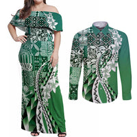 Aloha Vintage Plumeria Hawaiian Tapa Pattern Couples Matching Off Shoulder Maxi Dress and Long Sleeve Button Shirt Green Hawaiian Tapa Pattern LT9 Green - Polynesian Pride
