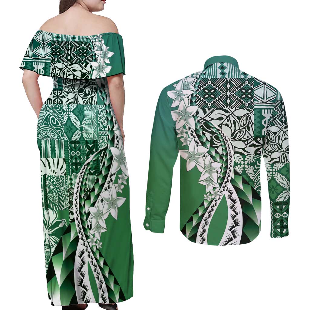 Aloha Vintage Plumeria Hawaiian Tapa Pattern Couples Matching Off Shoulder Maxi Dress and Long Sleeve Button Shirt Green Hawaiian Tapa Pattern LT9 - Polynesian Pride