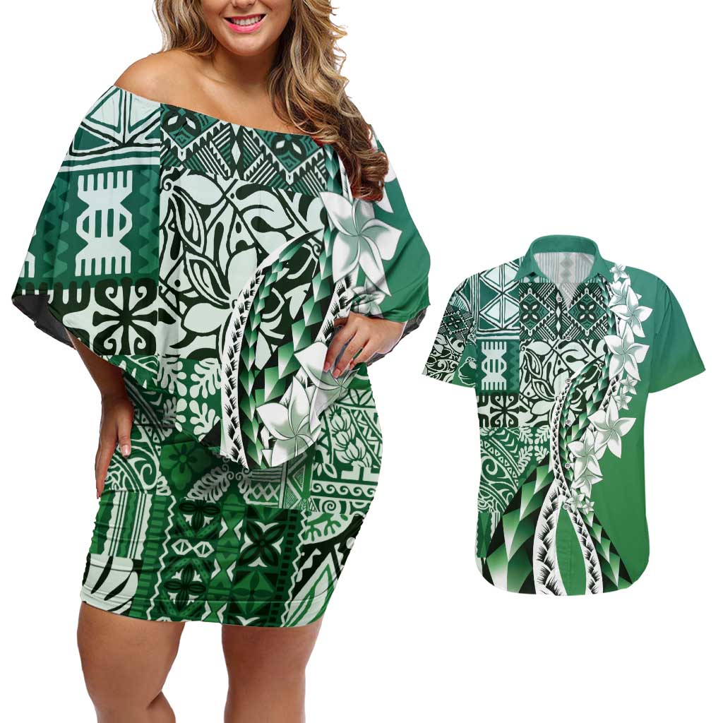 Aloha Vintage Plumeria Hawaiian Tapa Pattern Couples Matching Off Shoulder Short Dress and Hawaiian Shirt Green Hawaiian Tapa Pattern LT9 Green - Polynesian Pride