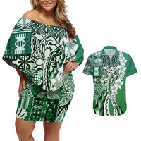 Aloha Vintage Plumeria Hawaiian Tapa Pattern Couples Matching Off Shoulder Short Dress and Hawaiian Shirt Green Hawaiian Tapa Pattern LT9 Green - Polynesian Pride