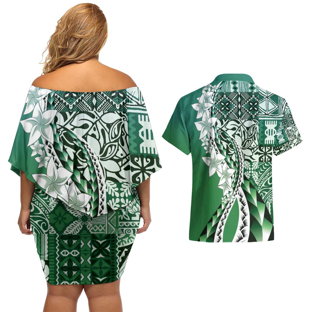 Aloha Vintage Plumeria Hawaiian Tapa Pattern Couples Matching Off Shoulder Short Dress and Hawaiian Shirt Green Hawaiian Tapa Pattern LT9 - Polynesian Pride