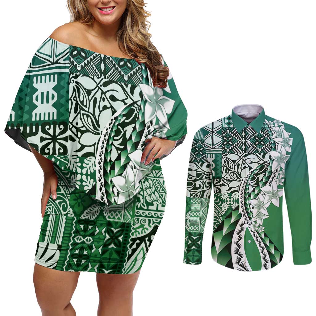 Aloha Vintage Plumeria Hawaiian Tapa Pattern Couples Matching Off Shoulder Short Dress and Long Sleeve Button Shirt Green Hawaiian Tapa Pattern LT9 Green - Polynesian Pride
