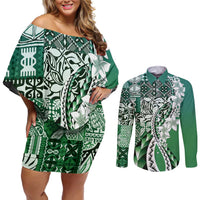 Aloha Vintage Plumeria Hawaiian Tapa Pattern Couples Matching Off Shoulder Short Dress and Long Sleeve Button Shirt Green Hawaiian Tapa Pattern LT9 Green - Polynesian Pride