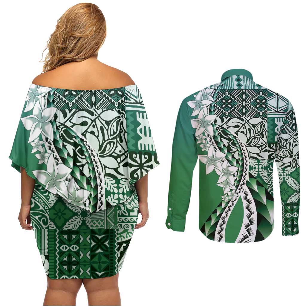 Aloha Vintage Plumeria Hawaiian Tapa Pattern Couples Matching Off Shoulder Short Dress and Long Sleeve Button Shirt Green Hawaiian Tapa Pattern LT9 - Polynesian Pride