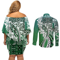 Aloha Vintage Plumeria Hawaiian Tapa Pattern Couples Matching Off Shoulder Short Dress and Long Sleeve Button Shirt Green Hawaiian Tapa Pattern LT9 - Polynesian Pride