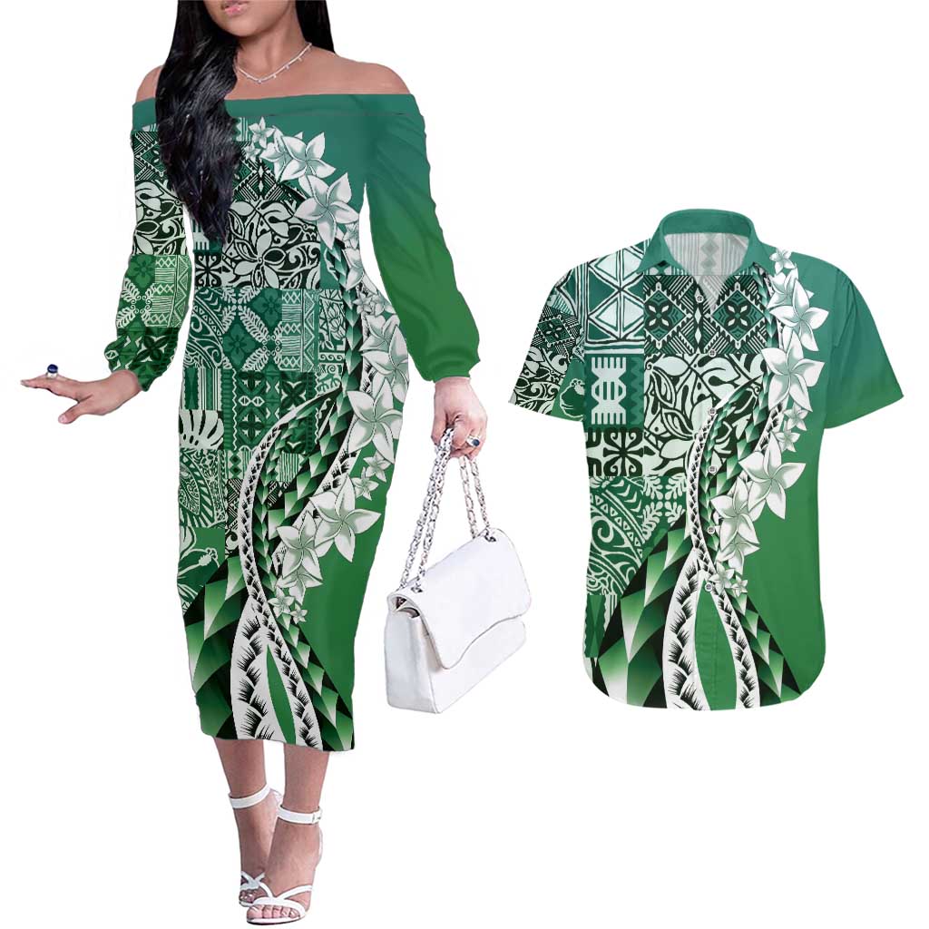 Aloha Vintage Plumeria Hawaiian Tapa Pattern Couples Matching Off The Shoulder Long Sleeve Dress and Hawaiian Shirt Green Hawaiian Tapa Pattern LT9 Green - Polynesian Pride