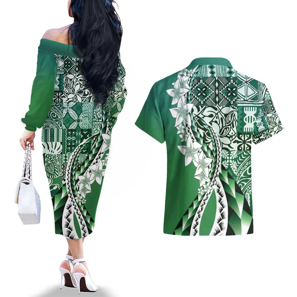 Aloha Vintage Plumeria Hawaiian Tapa Pattern Couples Matching Off The Shoulder Long Sleeve Dress and Hawaiian Shirt Green Hawaiian Tapa Pattern LT9 - Polynesian Pride