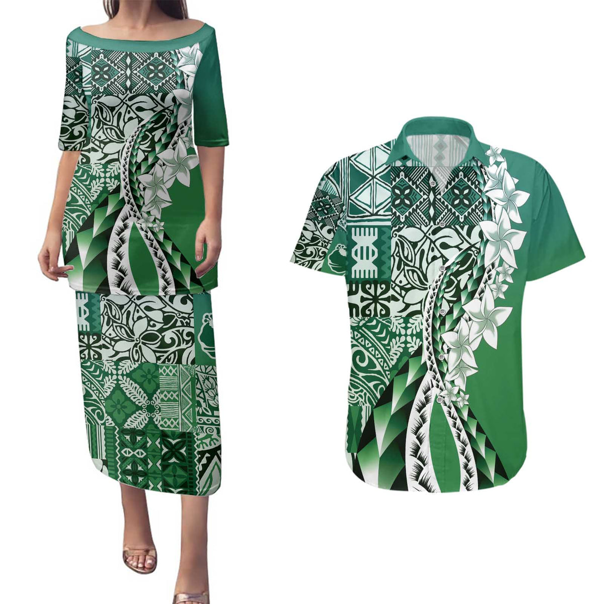 Aloha Vintage Plumeria Hawaiian Tapa Pattern Couples Matching Puletasi and Hawaiian Shirt Green Hawaiian Tapa Pattern LT9 Green - Polynesian Pride