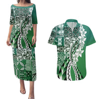 Aloha Vintage Plumeria Hawaiian Tapa Pattern Couples Matching Puletasi and Hawaiian Shirt Green Hawaiian Tapa Pattern LT9 Green - Polynesian Pride