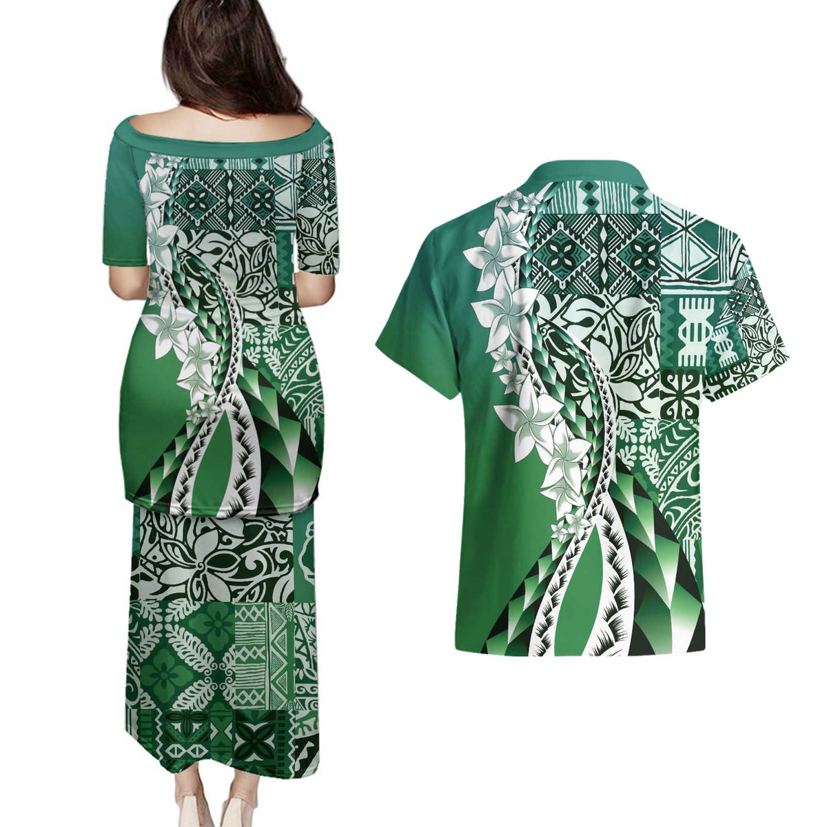Aloha Vintage Plumeria Hawaiian Tapa Pattern Couples Matching Puletasi and Hawaiian Shirt Green Hawaiian Tapa Pattern LT9 - Polynesian Pride