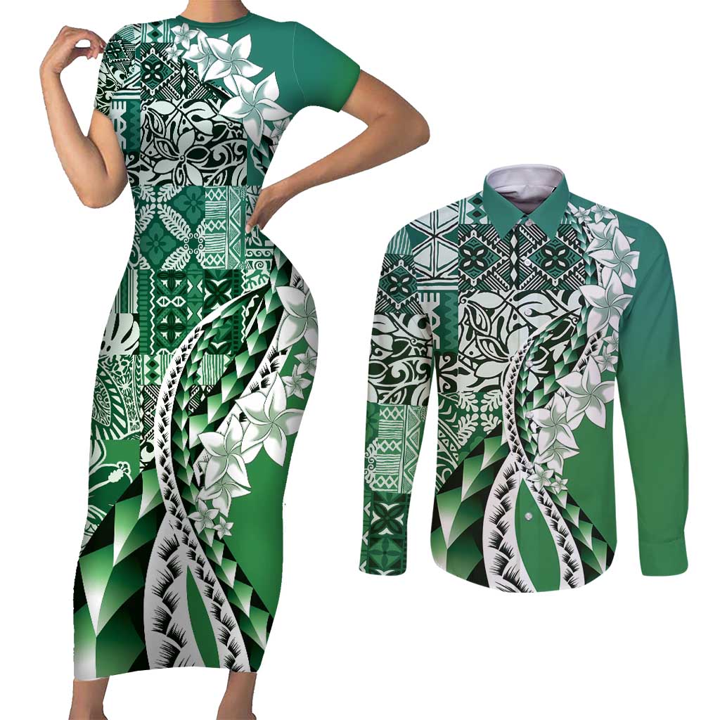Aloha Vintage Plumeria Hawaiian Tapa Pattern Couples Matching Short Sleeve Bodycon Dress and Long Sleeve Button Shirt Green Hawaiian Tapa Pattern LT9 Green - Polynesian Pride