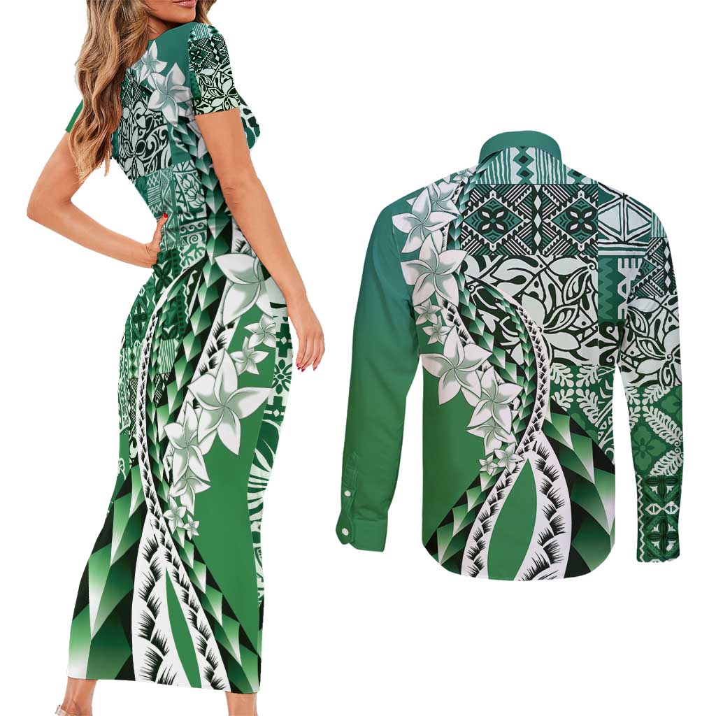 Aloha Vintage Plumeria Hawaiian Tapa Pattern Couples Matching Short Sleeve Bodycon Dress and Long Sleeve Button Shirt Green Hawaiian Tapa Pattern LT9 - Polynesian Pride
