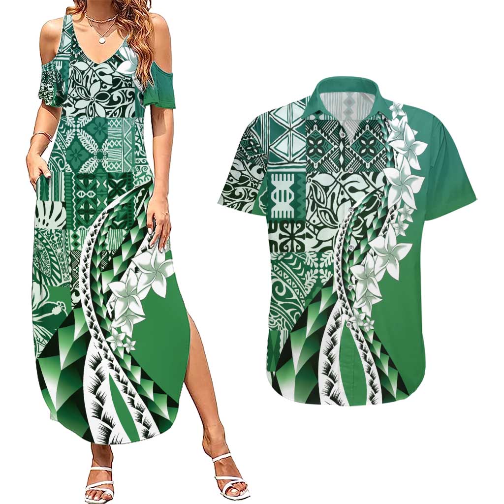 Aloha Vintage Plumeria Hawaiian Tapa Pattern Couples Matching Summer Maxi Dress and Hawaiian Shirt Green Hawaiian Tapa Pattern LT9 Green - Polynesian Pride
