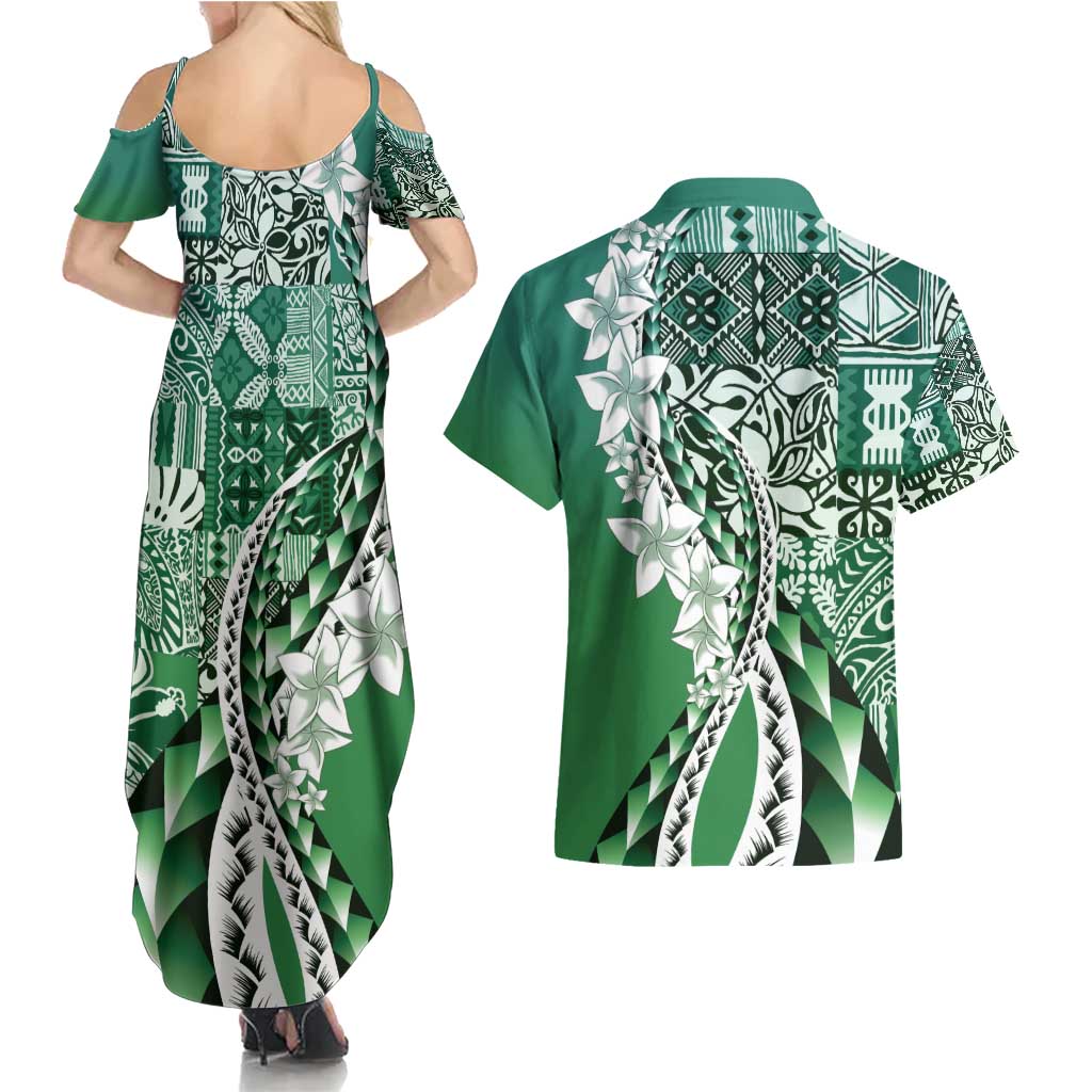 Aloha Vintage Plumeria Hawaiian Tapa Pattern Couples Matching Summer Maxi Dress and Hawaiian Shirt Green Hawaiian Tapa Pattern LT9 - Polynesian Pride
