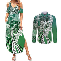 Aloha Vintage Plumeria Hawaiian Tapa Pattern Couples Matching Summer Maxi Dress and Long Sleeve Button Shirt Green Hawaiian Tapa Pattern LT9 Green - Polynesian Pride
