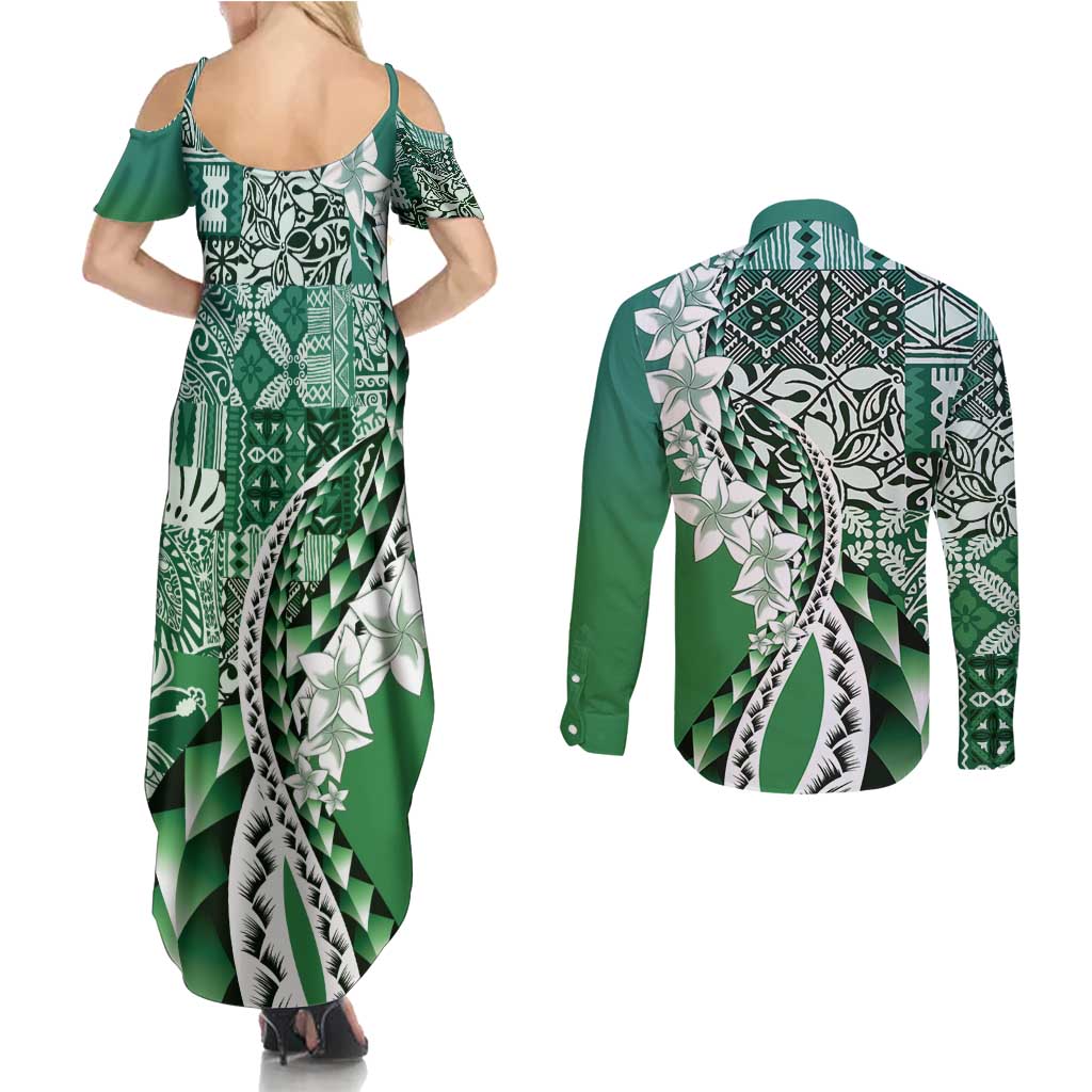 Aloha Vintage Plumeria Hawaiian Tapa Pattern Couples Matching Summer Maxi Dress and Long Sleeve Button Shirt Green Hawaiian Tapa Pattern LT9 - Polynesian Pride