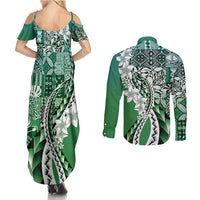 Aloha Vintage Plumeria Hawaiian Tapa Pattern Couples Matching Summer Maxi Dress and Long Sleeve Button Shirt Green Hawaiian Tapa Pattern LT9 - Polynesian Pride