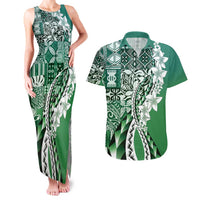 Aloha Vintage Plumeria Hawaiian Tapa Pattern Couples Matching Tank Maxi Dress and Hawaiian Shirt Green Hawaiian Tapa Pattern LT9 Green - Polynesian Pride