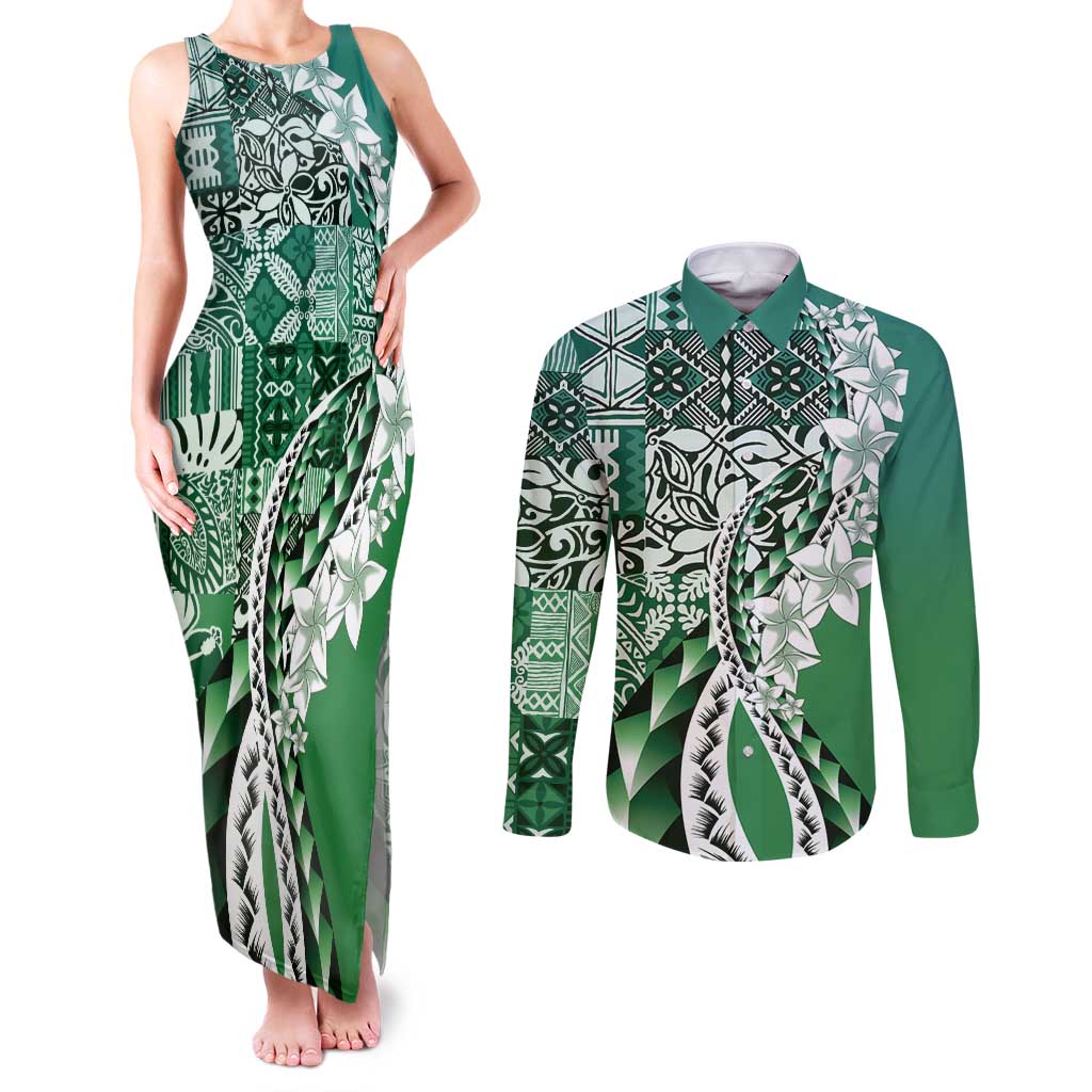 Aloha Vintage Plumeria Hawaiian Tapa Pattern Couples Matching Tank Maxi Dress and Long Sleeve Button Shirt Green Hawaiian Tapa Pattern LT9 Green - Polynesian Pride
