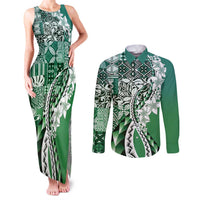 Aloha Vintage Plumeria Hawaiian Tapa Pattern Couples Matching Tank Maxi Dress and Long Sleeve Button Shirt Green Hawaiian Tapa Pattern LT9 Green - Polynesian Pride