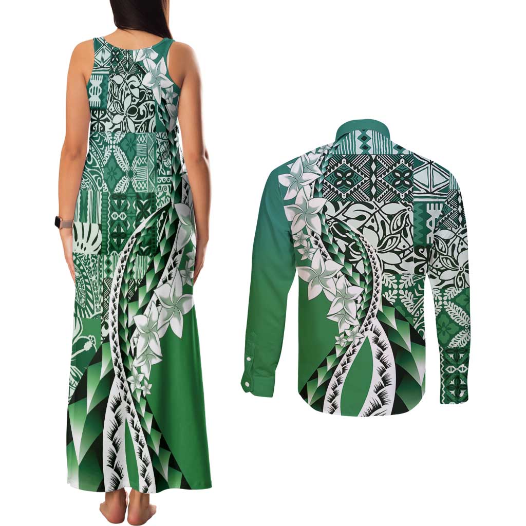 Aloha Vintage Plumeria Hawaiian Tapa Pattern Couples Matching Tank Maxi Dress and Long Sleeve Button Shirt Green Hawaiian Tapa Pattern LT9 - Polynesian Pride