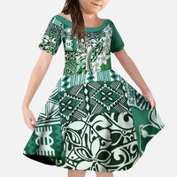 Aloha Vintage Plumeria Hawaiian Tapa Pattern Family Matching Long Sleeve Bodycon Dress and Hawaiian Shirt Green Hawaiian Tapa Pattern LT9 Daughter's Dress Green - Polynesian Pride